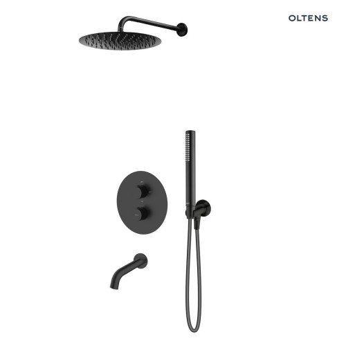 Zestaw Oltens Katla bateria podtynkowa z deszczownicą 30 cm Vindel i kompletem prysznicowym Ume czarny mat 36611300
